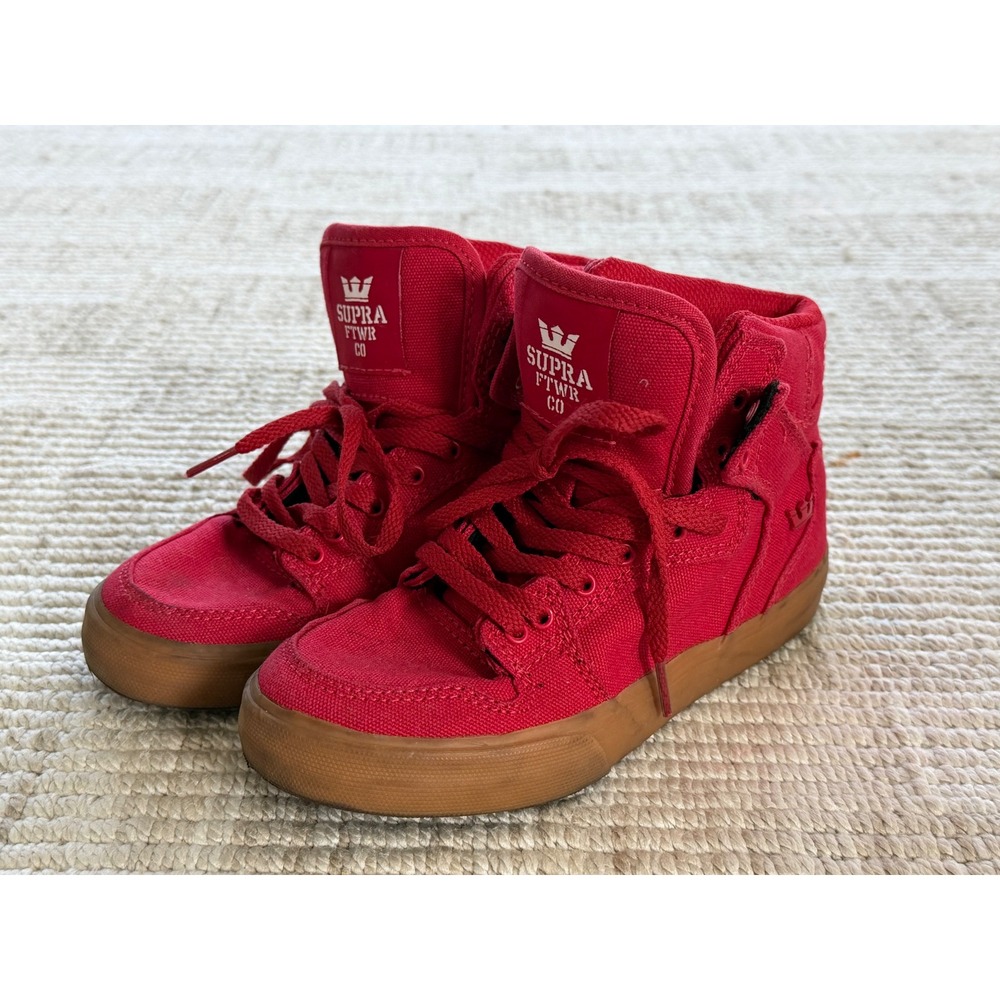 Supra Kids Vaider Red Canvas High Top Skate Shoes Gum Sole SK11240 Size 1